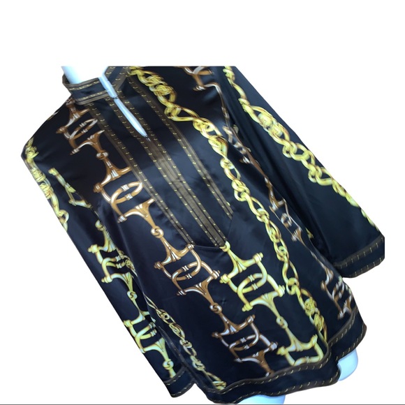 ECI New York Chain Print Satin Blouse Black Gold Long Sleeve Tunic Top 14 - Picture 5 of 16